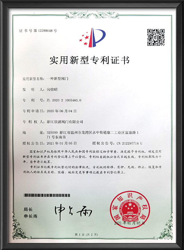 實(shí)用新型專利證書(shū)-一種新型閥門(mén)